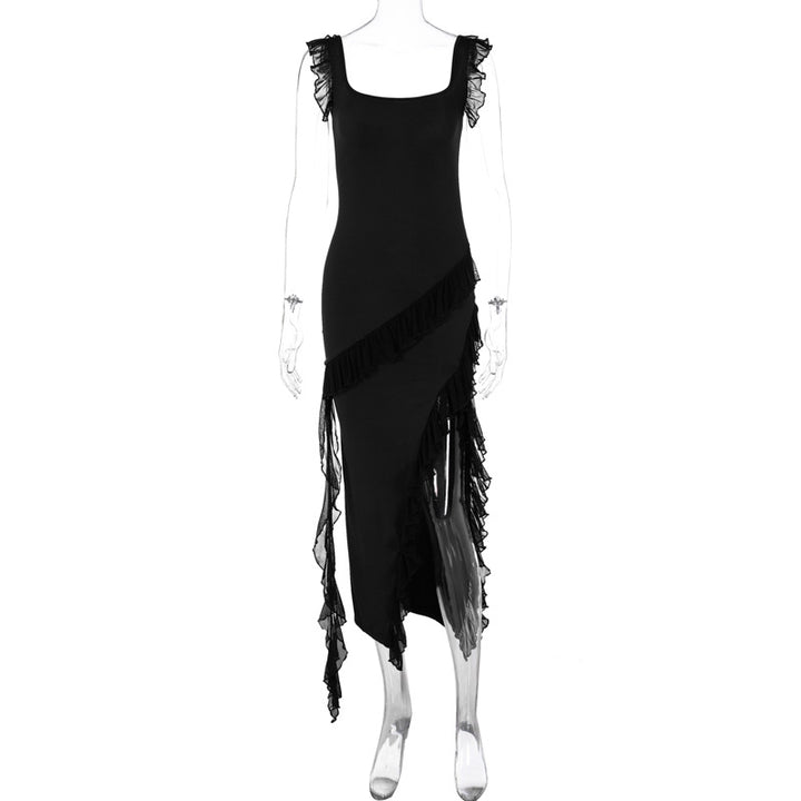 Damen asymmetrisches Maxi-Kleid mit Rüschendetails und hohem Schlitz Drune