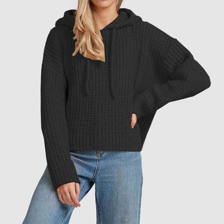 Damen Grobstrick-Kapuzenpullover mit Waffelstruktur, überschnittener Schulter und kurzem Saum Drune