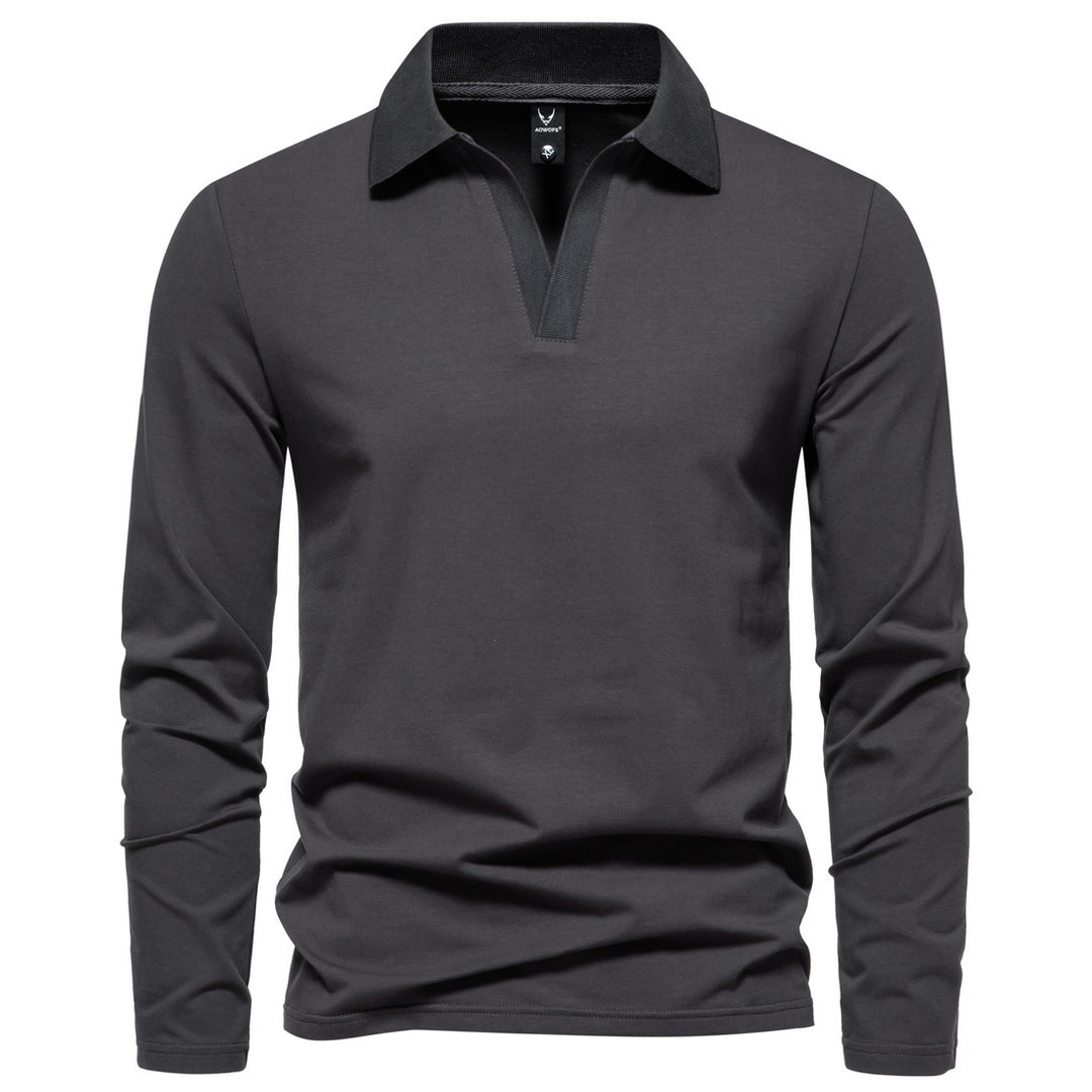 Herren nan Langarm-Polo mit offenem V-Ausschnitt, feinem Rippenkragen und schmaler Silhouette Drune
