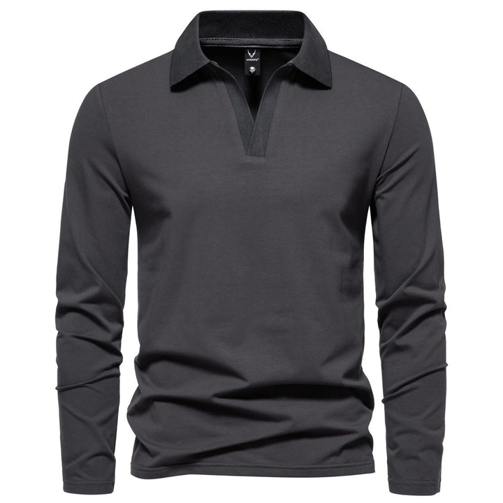 Herren nan Langarm-Polo mit offenem V-Ausschnitt, feinem Rippenkragen und schmaler Silhouette Drune