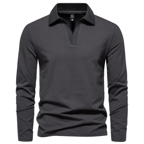 Herren nan Langarm-Polo mit offenem V-Ausschnitt, feinem Rippenkragen und schmaler Silhouette Drune