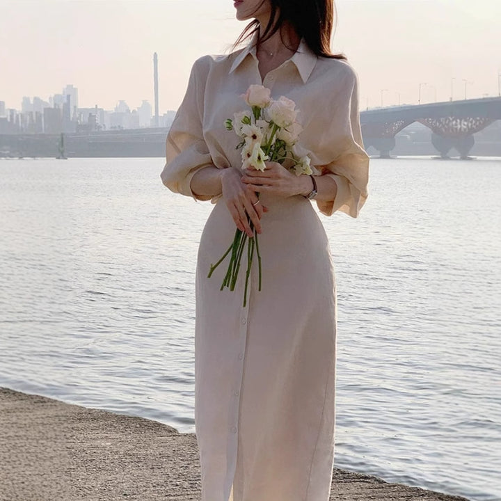 Damen Hemdblusenkleid aus Leinenoptik mit Tunnelzugtaillenband und krempelbaren 3/4-Ärmeln Drune
