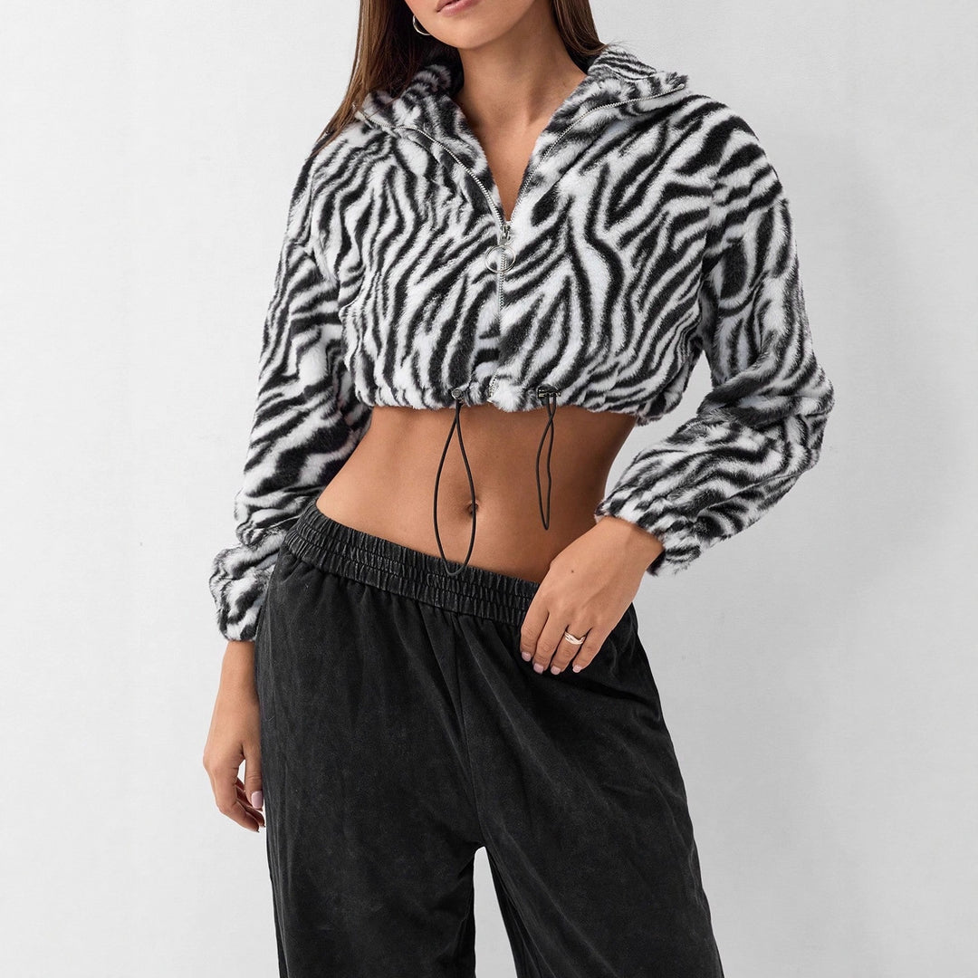 Damen cropped Fleece-Jacke mit modernem Zebra-Design und elastischen Bündchen Drune