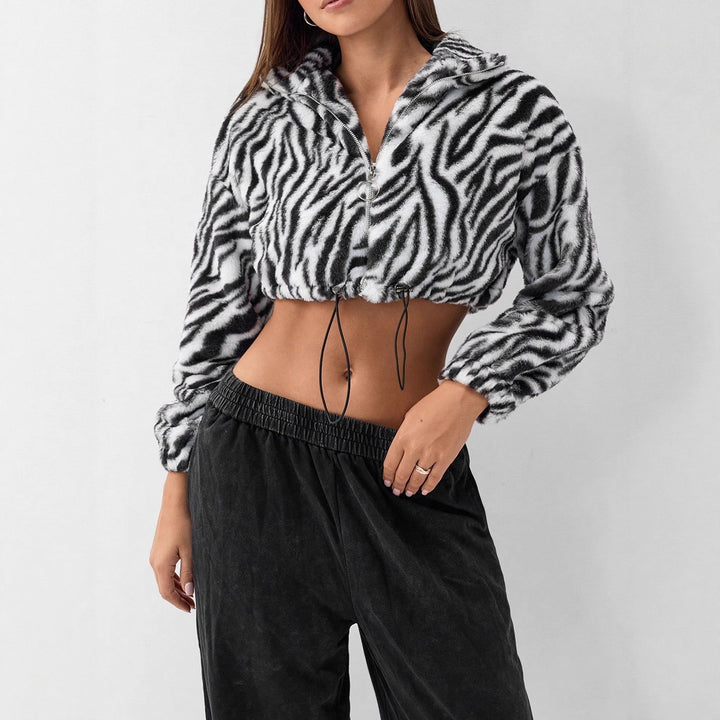 Damen cropped Fleece-Jacke mit modernem Zebra-Design und elastischen Bündchen Drune