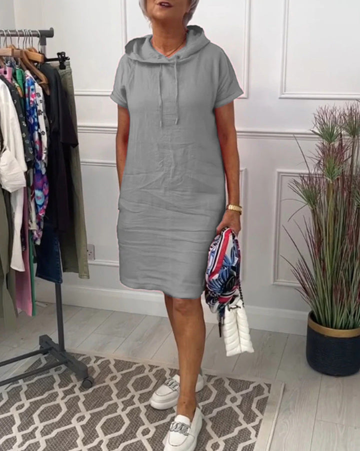 Damen nan lässiges Kapuzen-Midikleid mit kurzen Ärmeln und geradem Relax‑Schnitt Drune