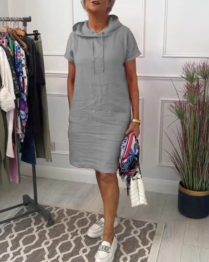 Damen nan legeres Kapuzenkleid mit kurzem Ärmel, geradem Schnitt und Kordelzug Drune