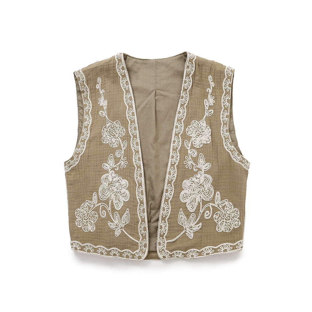 Damen Ärmellose Leinenweste mit floraler Reliefstickerei und offener Front Drune