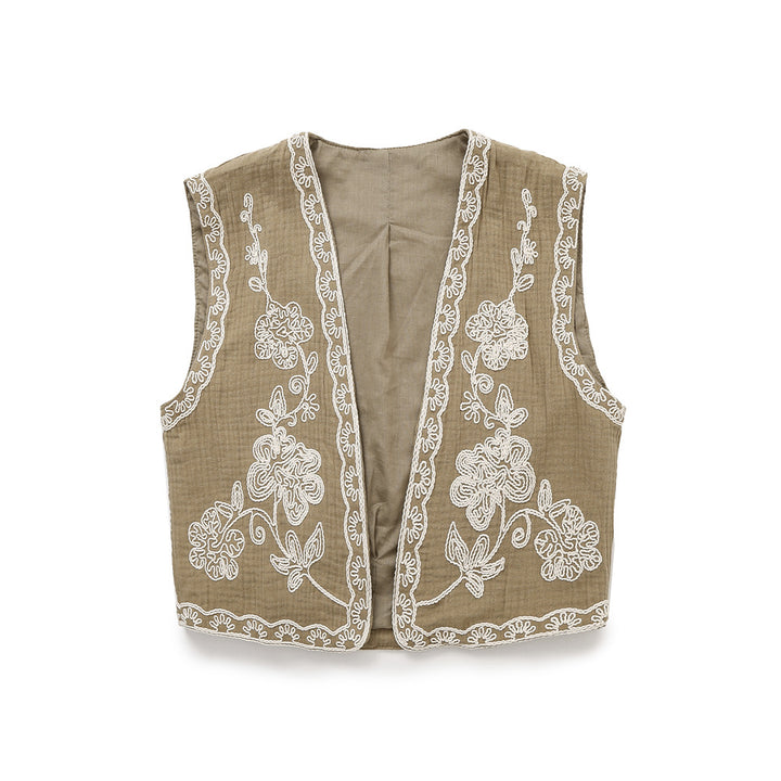 Damen Ärmellose Leinenweste mit floraler Reliefstickerei und offener Front Drune