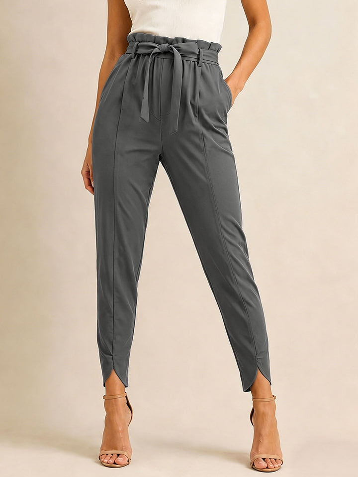 Damen nan hoch taillierte Paperbag-Hose mit Bindegürtel und geschlitztem Knöchelabschluss Drune