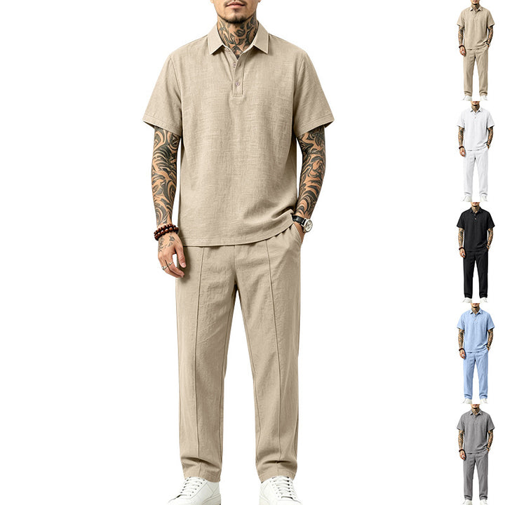 Herren Polo-Lounge-Set aus leichter Leinenmischung mit Kurzarm-Polo und gerader Bundfaltenhose Drune