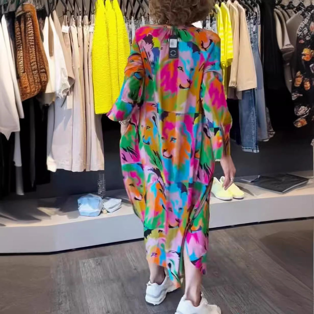 Damen nan Hemdblusen-Maxikleid mit Pop‑Art-Löwenprint, Knopfleiste und Eingrifftaschen Drune