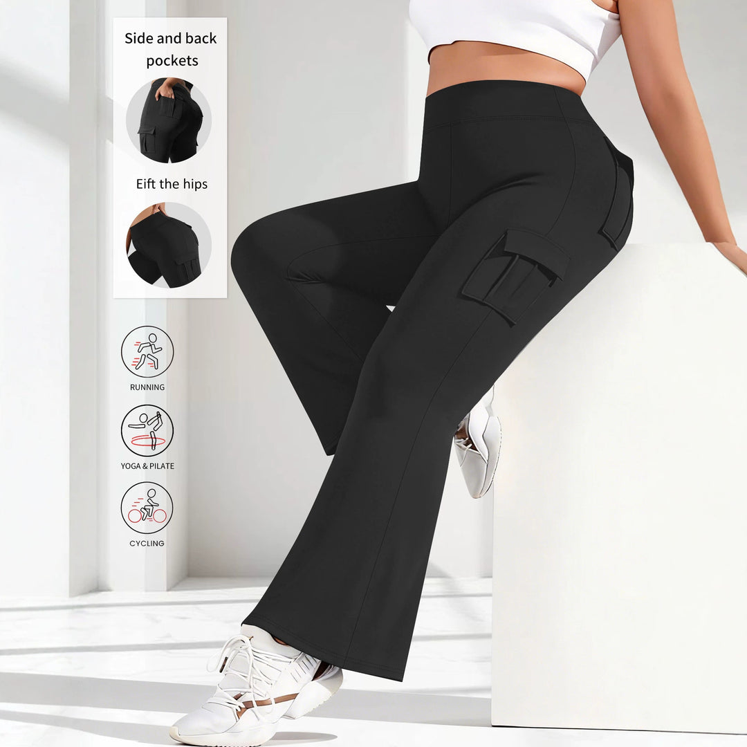 Damen High-Waist Cargo-Yoga-Flarehose mit Seitentaschen Drune