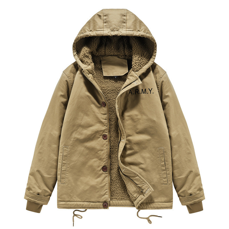 Herren Gefütterte Fieldjacke im Army‑Stil mit Teddyfleece‑Innenfutter und Kapuze Drune