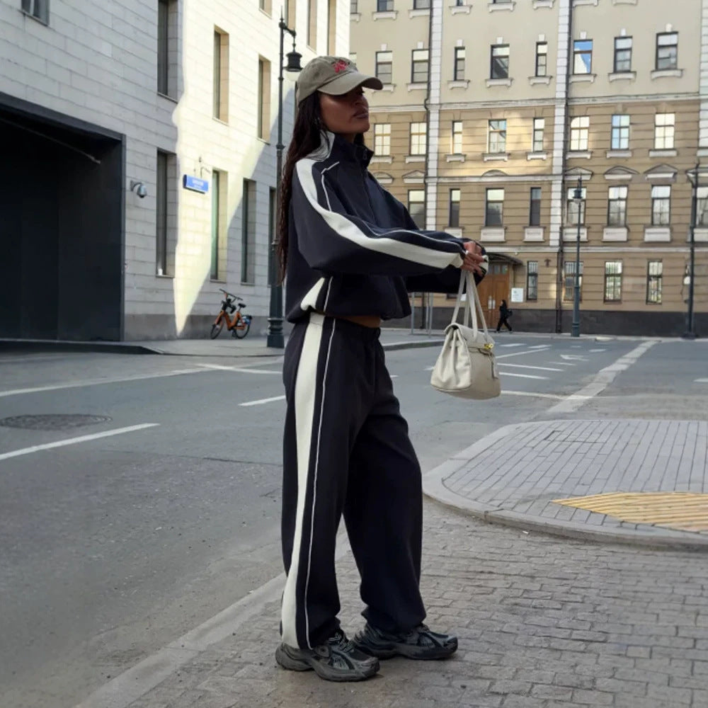 Damen Oversize-Trackset mit Reißverschlussjacke, weitem Jogger und Kontrastseitenstreifen Drune
