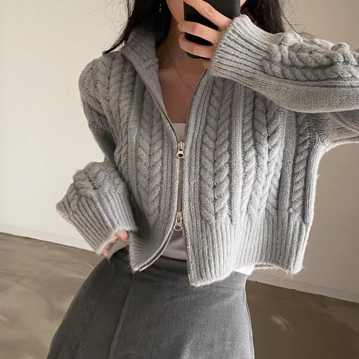 Damen Strickjacke mit Zipper und Kabelmuster Drune