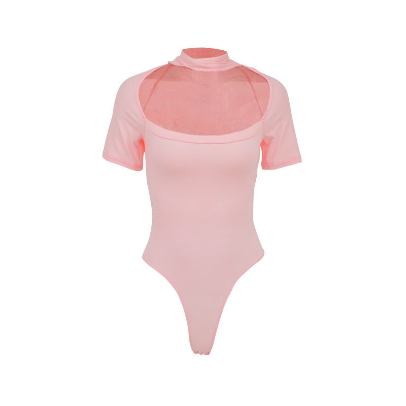 Damen Hochgeschlossenes Body-Oberteil mit transparentem Netz-Material und kurzen Ärmeln Drune