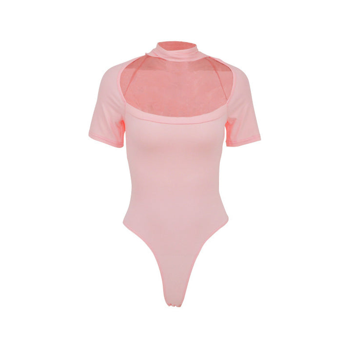 Damen Hochgeschlossenes Body-Oberteil mit transparentem Netz-Material und kurzen Ärmeln Drune