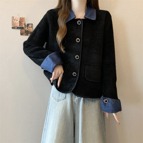 Damen gemütliche Strickjacke mit kontrastierenden Denim-Ärmeln Drune