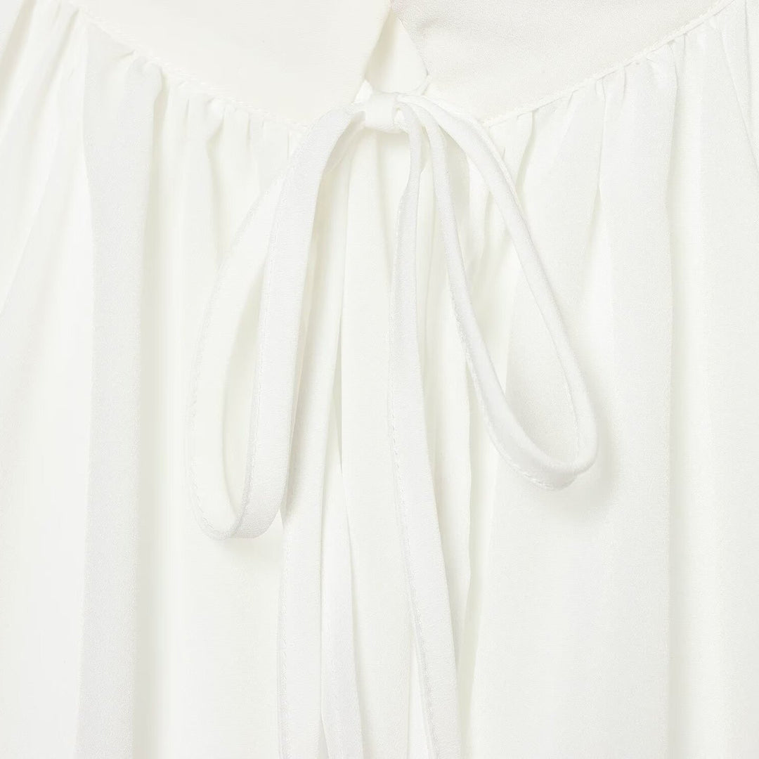 Damen Transparente Bluse mit Stehkragen, Volantenärmeln und Spitzenborte Drune