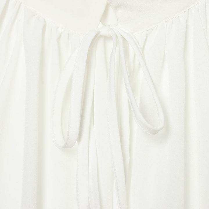 Damen Transparente Bluse mit Stehkragen, Volantenärmeln und Spitzenborte Drune