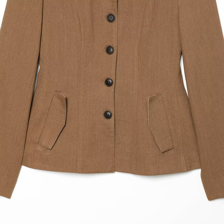 Damen Taillierter Blazer mit Stehkragen figurformenden Abnähern und Pattentaschen Drune