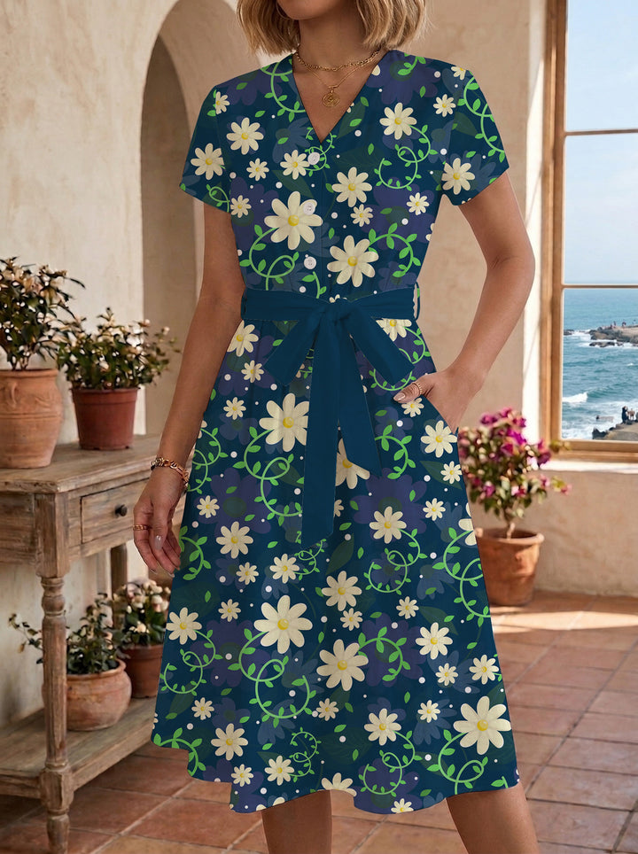 Damen Midikleid mit floralem Muster und Taillengürtel Drune