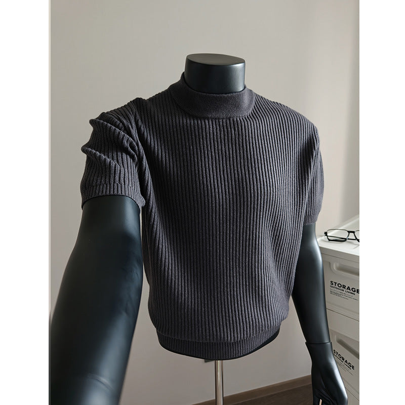 Herren nan kurzärmeliges Rippstrick-Shirt mit Stehkragen und schmaler Passform Drune