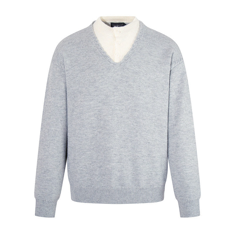Herren Feiner V-Ausschnitt-Pullover mit Lagenoptik und Stehkragen-Innenteil Drune
