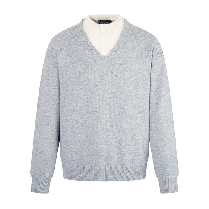 Herren Feiner V-Ausschnitt-Pullover mit Lagenoptik und Stehkragen-Innenteil Drune