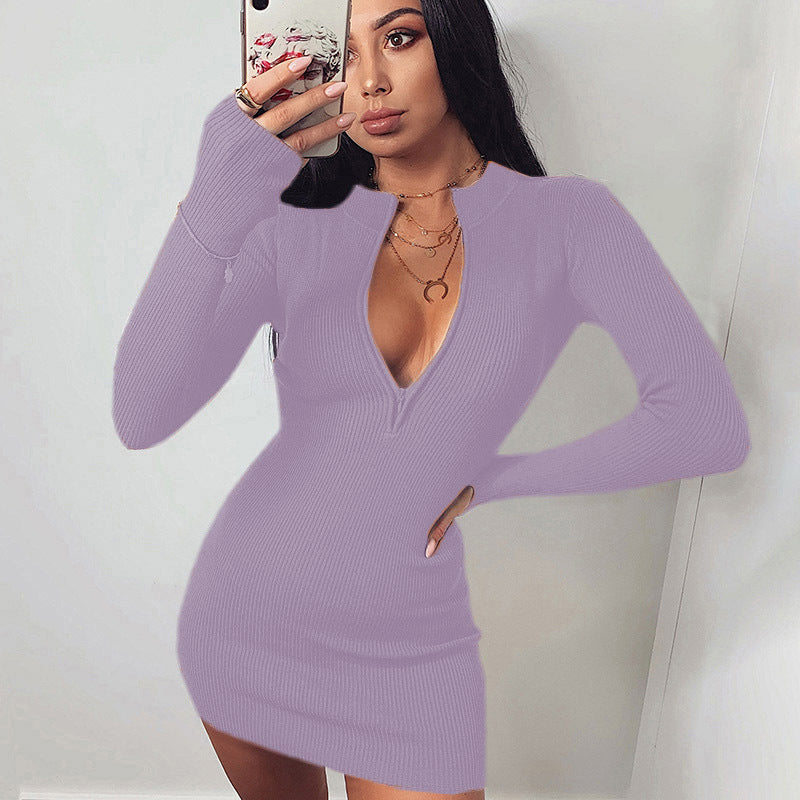 Damen Knit Kleid mit tiefem V-Ausschnitt und langen Ärmeln Drune