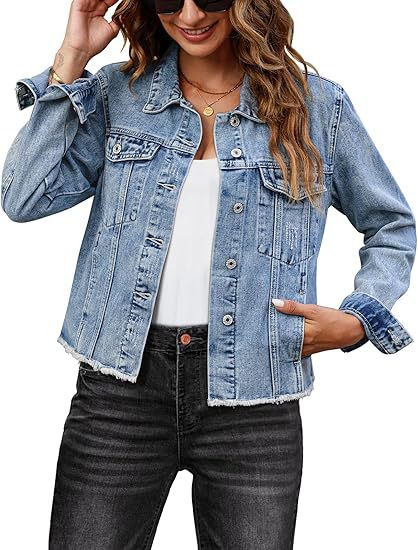 Damen Kurz geschnittene Denim-Jacke mit fransigem Saum und Brusttaschen Drune