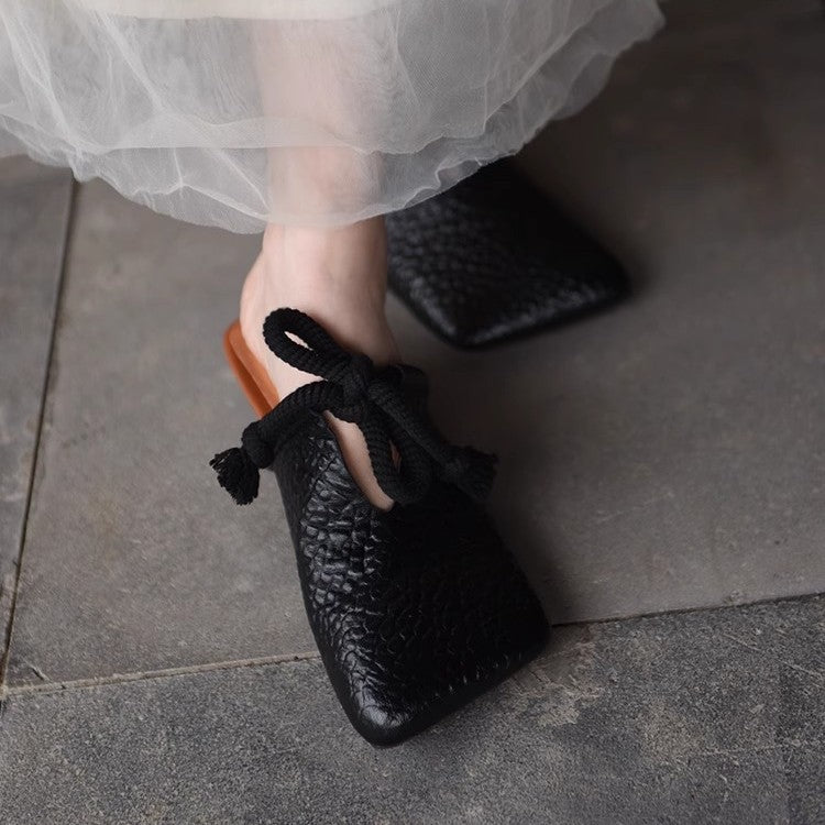 Damen Quadratische Leder-Mules mit geknoteter Seilschleife und genarbter Oberfläche Drune