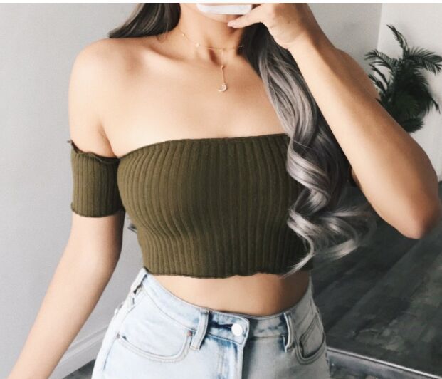 Damen Off-Shoulder Crop-Top aus Rippenstrick Drune