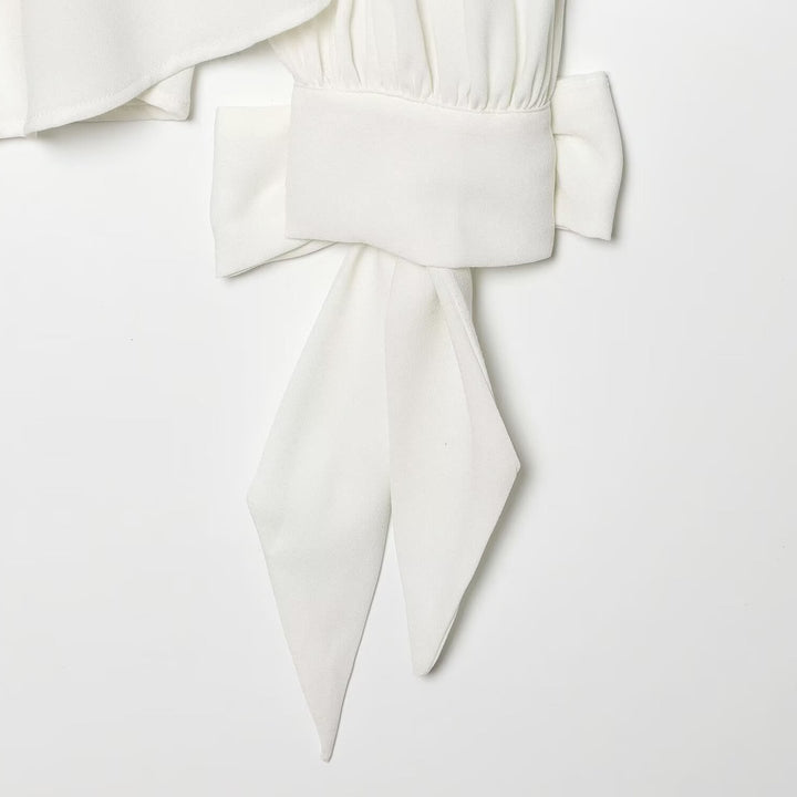 Damen Bluse mit hohem Rollkragen, gerafftem Vorderteil und Schleifenärmeln Drune