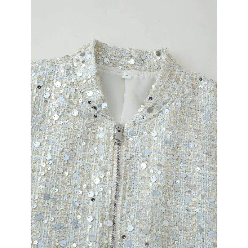 Damen Glitzernde Bomberjacke mit glänzenden Pailletten und Reißverschluss Drune