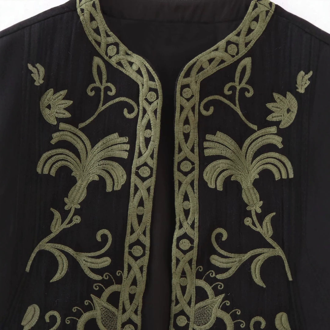Damen Boho-Stickereiweste mit offenem Schnitt und floraler Zierstickerei Drune