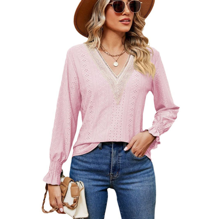 Damen Bluse mit luftigen Lochstickereien und V-Ausschnitt Drune