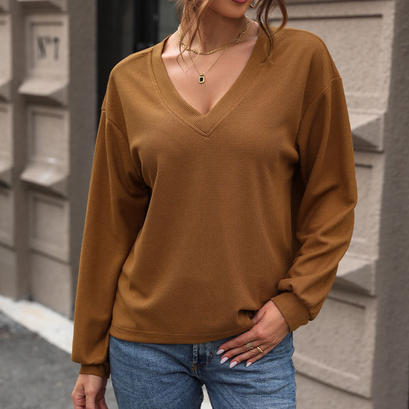 Damen Lässiger V-Ausschnitt Pullover mit Struktur Drune