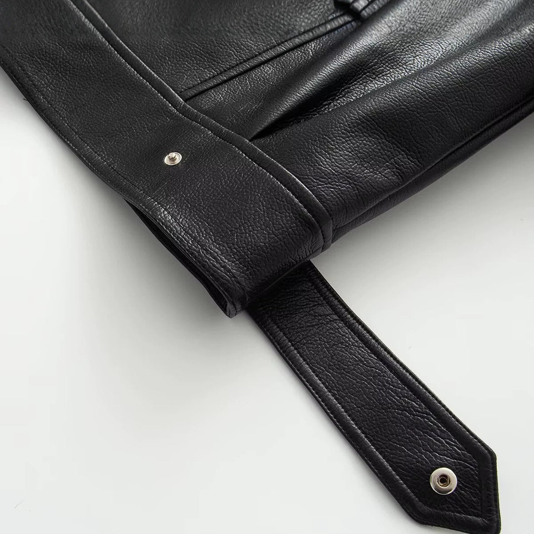 Damen Langer doppeltreihiger Blazer‑Mantel aus veganer Lederoptik mit Schalkragen Drune