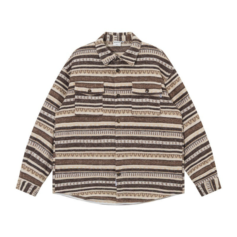 Unisex Oversize-Strickshirtjacke im Ethno‑Streifenmuster mit Pattentaschen Drune