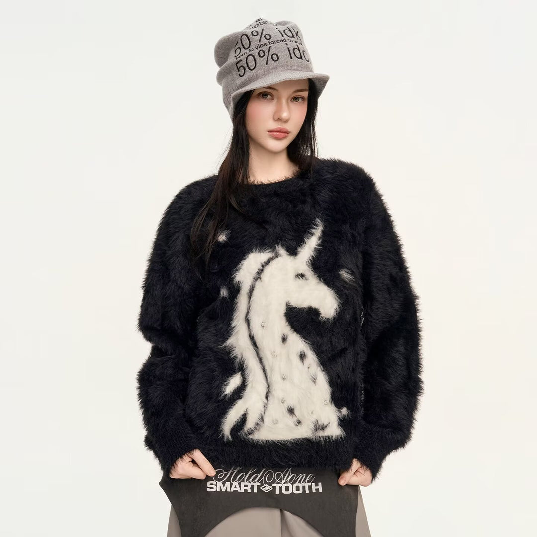 Damen Gemütlicher Grobstrickpullover mit Einhornmotiv Drune