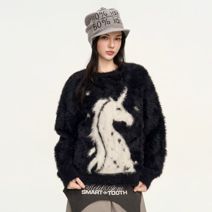 Damen Gemütlicher Grobstrickpullover mit Einhornmotiv Drune