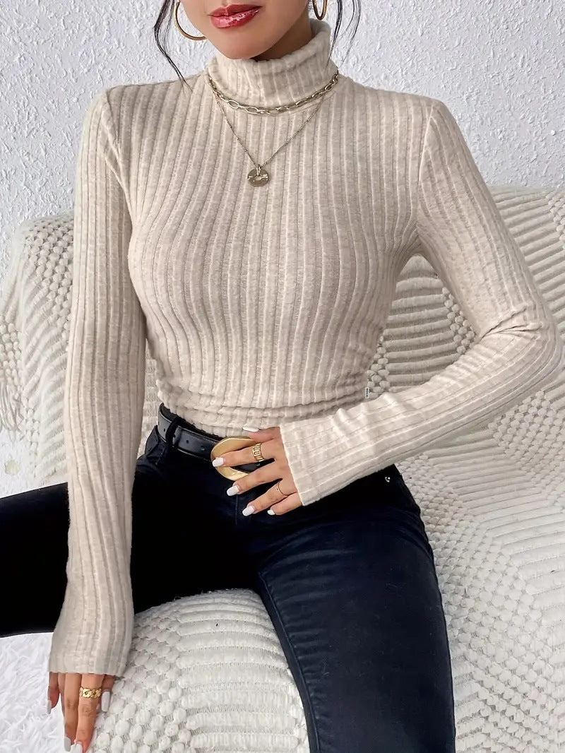 Damen Figurbetonter Rippstrick Rollkragenpullover mit tailliertem Schnitt Drune