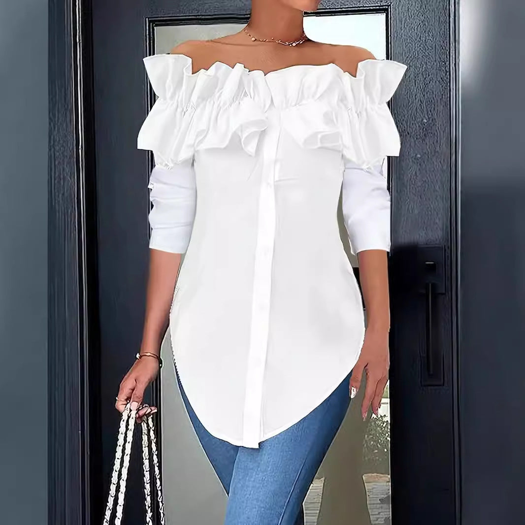 Damen Off-Shoulder Bluse mit Rüschen und Knopfleiste Drune