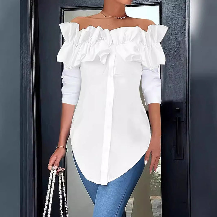 Damen Off-Shoulder Bluse mit Rüschen und Knopfleiste Drune
