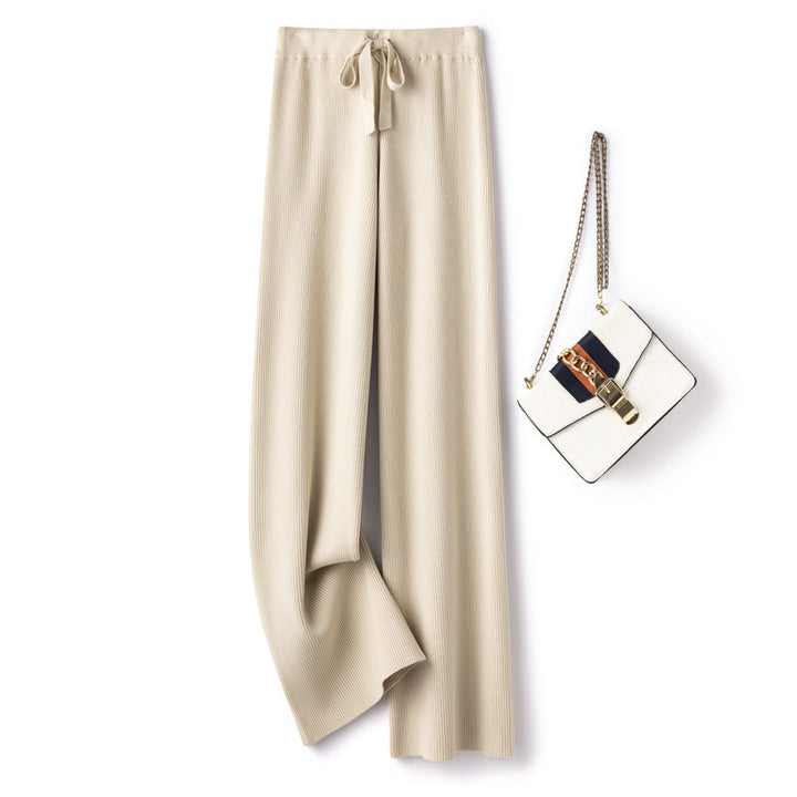 Damen Weite Rippstrick-Hose mit Tunnelzug und fließender Palazzo-Silhouette Drune
