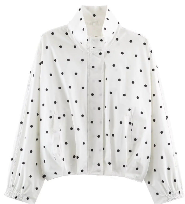 Damen Gepunktete Cropped Blousonjacke mit Stehkragen, elastischem Saum und verdeckter Knopfleiste Drune