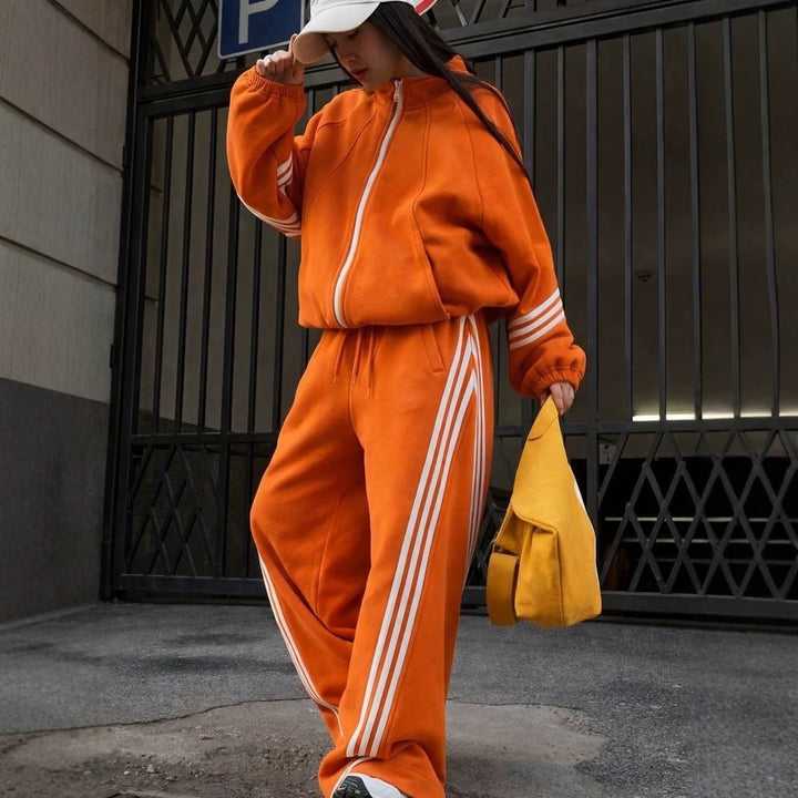 Damen weites Jogginganzug-Set aus Baumwollfleece mit Reißverschluss und seitlichen Kontraststreifen Drune