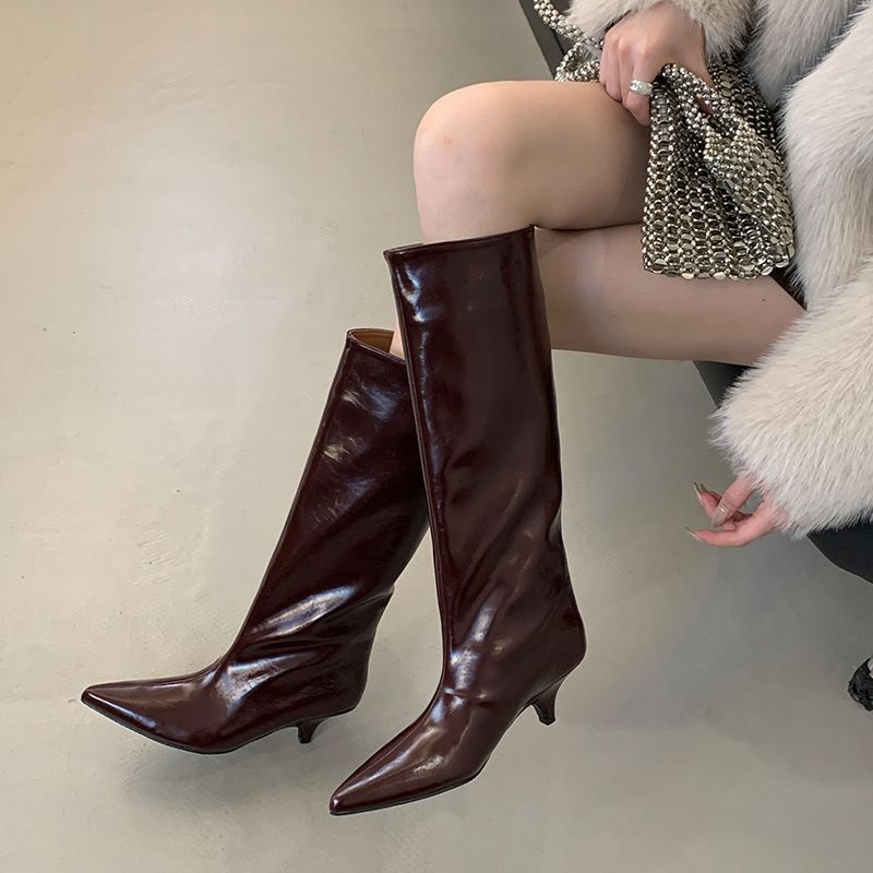 Damen Kniehohe Lackstiefel mit spitzer Zehenform und schlankem Kitten-Absatz Drune