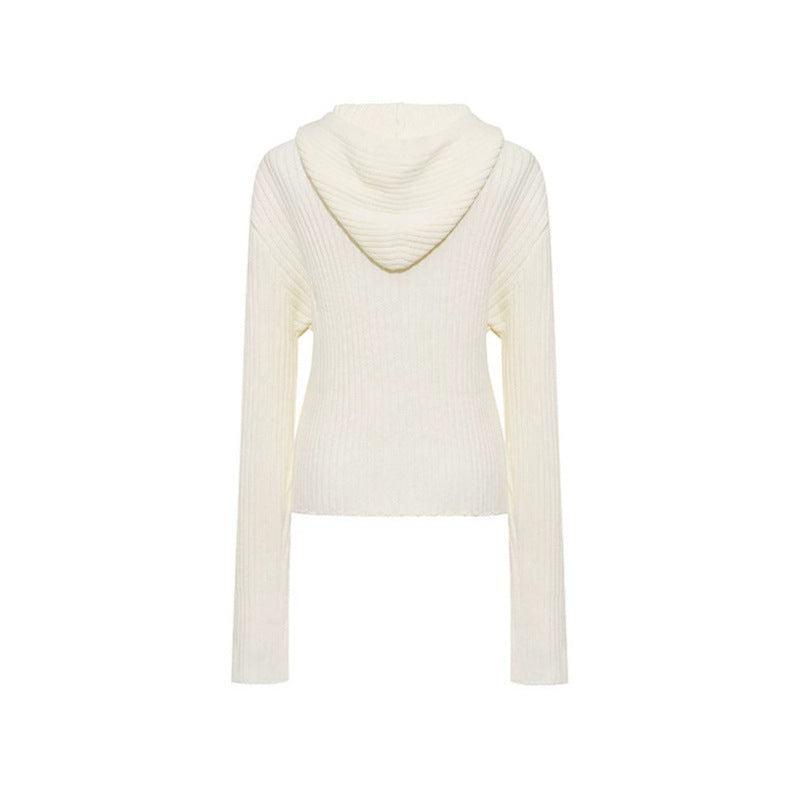 Damen gerippte Kapuzen-Strickjacke mit Reißverschluss, Zierknopfleisten und aufgesetzten Taschen Drune